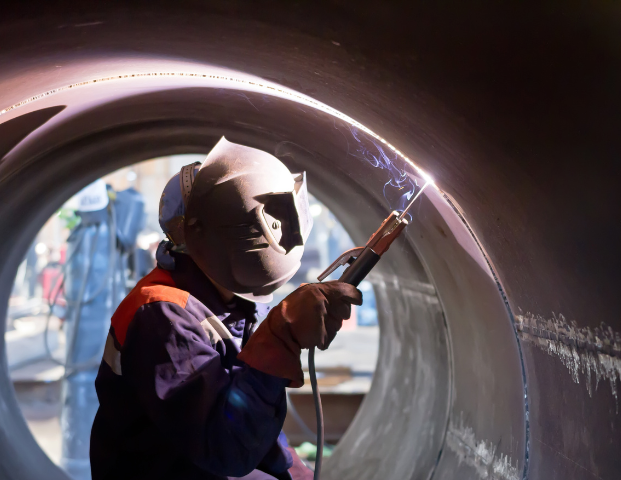 Worker wearing a welding mask using a tool to weld in a large pipe